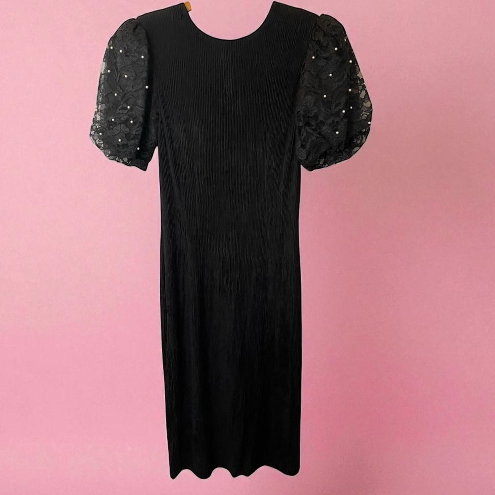 Vintage Black Midi Dress Sz M Puff Lace Pearl Sleeve Pleated Cocktail Leslie Fay